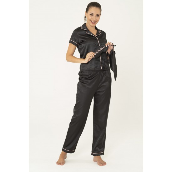 For You Moda Women's Satin 6 Pieces Black Pajama Set With Pink Piping