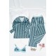 For You Moda Women's Triple Green Turquoise Striped Bustier Satin Pajamas Set