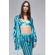 For You Moda Women's Triple Green Turquoise Striped Bustier Satin Pajamas Set