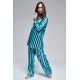 For You Moda Women's Triple Green Turquoise Striped Bustier Satin Pajamas Set