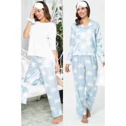 For You Sleepwear 6 Piece Cloud Pattern Blue Satin Pajamas Set