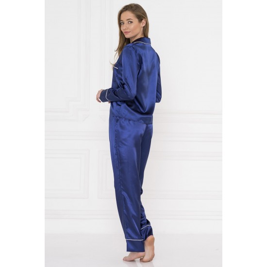 For You Moda Women's Piping Pocketed Midnight Blue Satin Pajamas Set