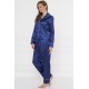 For You Moda Women's Piping Pocketed Midnight Blue Satin Pajamas Set