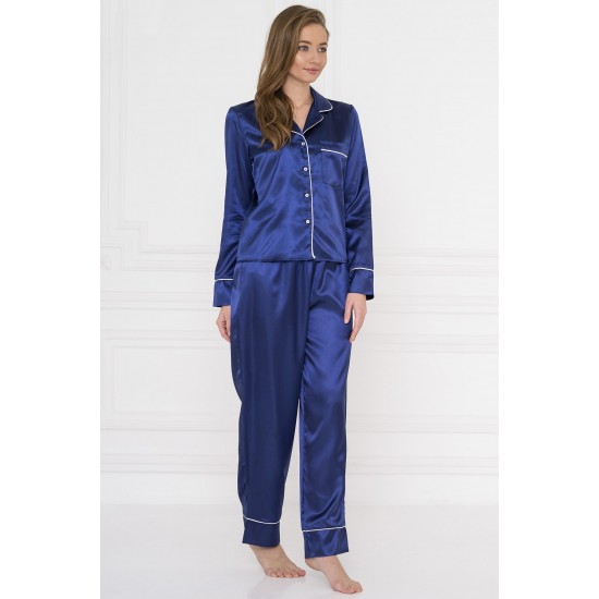 For You Moda Women's Piping Pocketed Midnight Blue Satin Pajamas Set