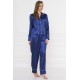 For You Moda Women's Piping Pocketed Midnight Blue Satin Pajamas Set