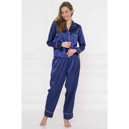 For You Moda Women's Piping Pocketed Midnight Blue Satin Pajamas Set