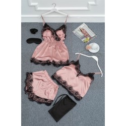 For You Sleepwear Satin 6 Piece Lacy Rose Dried Jumpsuit Athlete Shorts Set