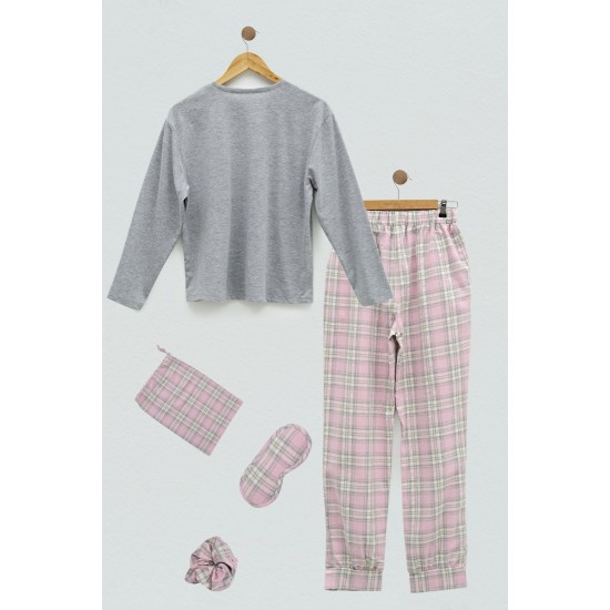 For You Sleepwear 5 Pcs Plaid Pattern Pink Pajamas Set