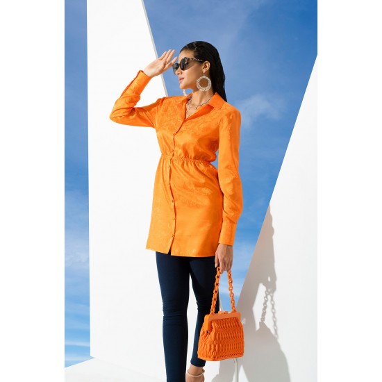 For You Woman Satin Jacquard Padded Orange Shirt