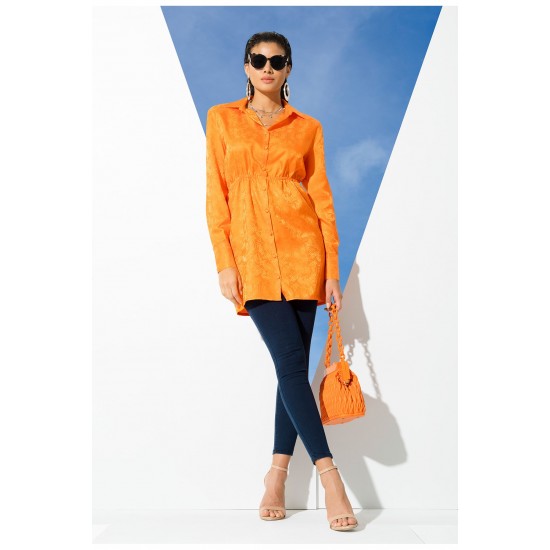 For You Woman Satin Jacquard Padded Orange Shirt