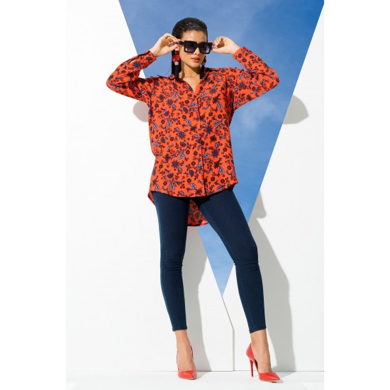 For You Woman Floral Pattern Red Blue Viscose Shirt