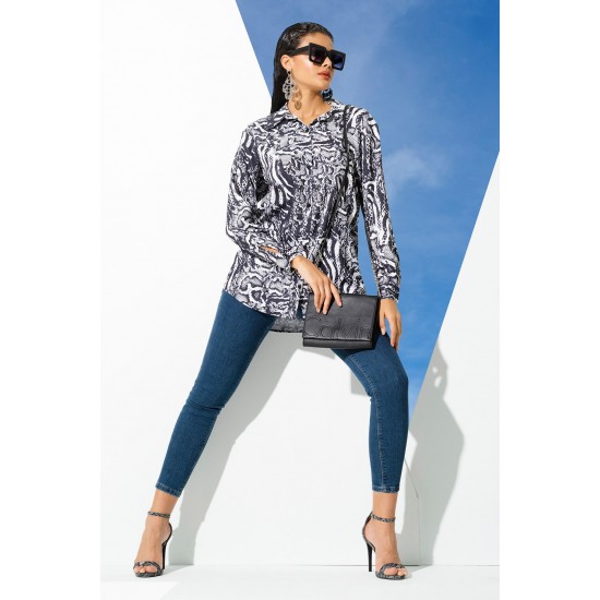 For You Woman Snake Pattern Black Long Woven Shirt