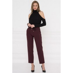 For You Moda Women's Pockets Side Zipper Claret Red Striped Trousers