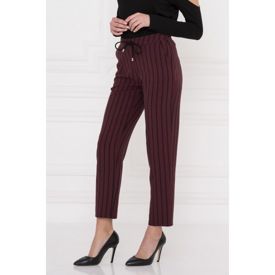 For You Moda Women's Pockets Side Zipper Claret Red Striped Trousers