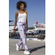 For You Moda Women's Floral Detailed Belted Slit Lilac Trousers