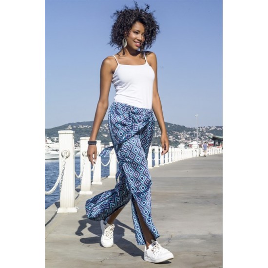 For You Moda Women's Symmetrical Patterned Belt Slit Blue Trousers