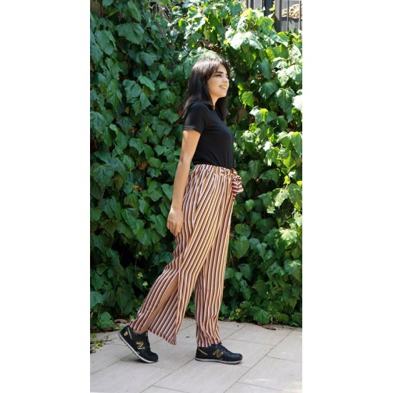 For You Woman Striped Belt Slit Yellow Black Pants