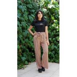 For You Woman Striped Belt Slit Yellow Black Pants