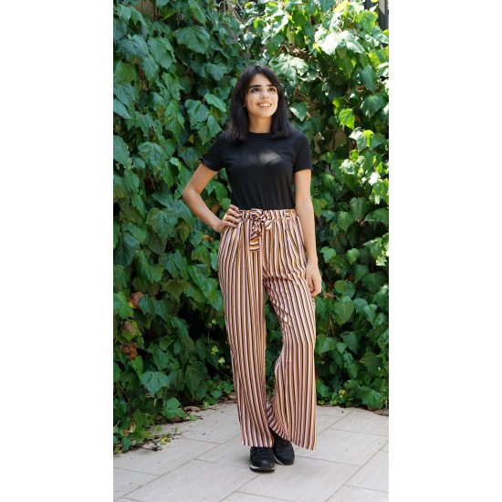 For You Woman Striped Belt Slit Yellow Black Pants