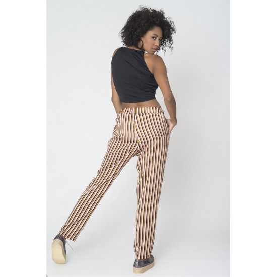 For You Moda Women's Pleated Pockets Mustard-White Striped Trousers