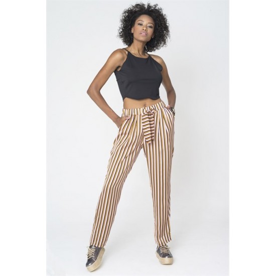 For You Moda Women's Pleated Pockets Mustard-White Striped Trousers